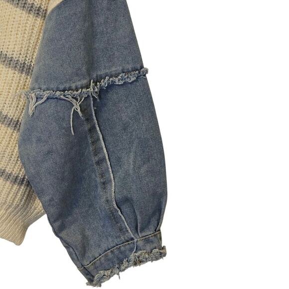 Dreamers by Debut Cream Gray Stripe Sweater with Denim Sleeves – Size XL - Picture 4 of 8